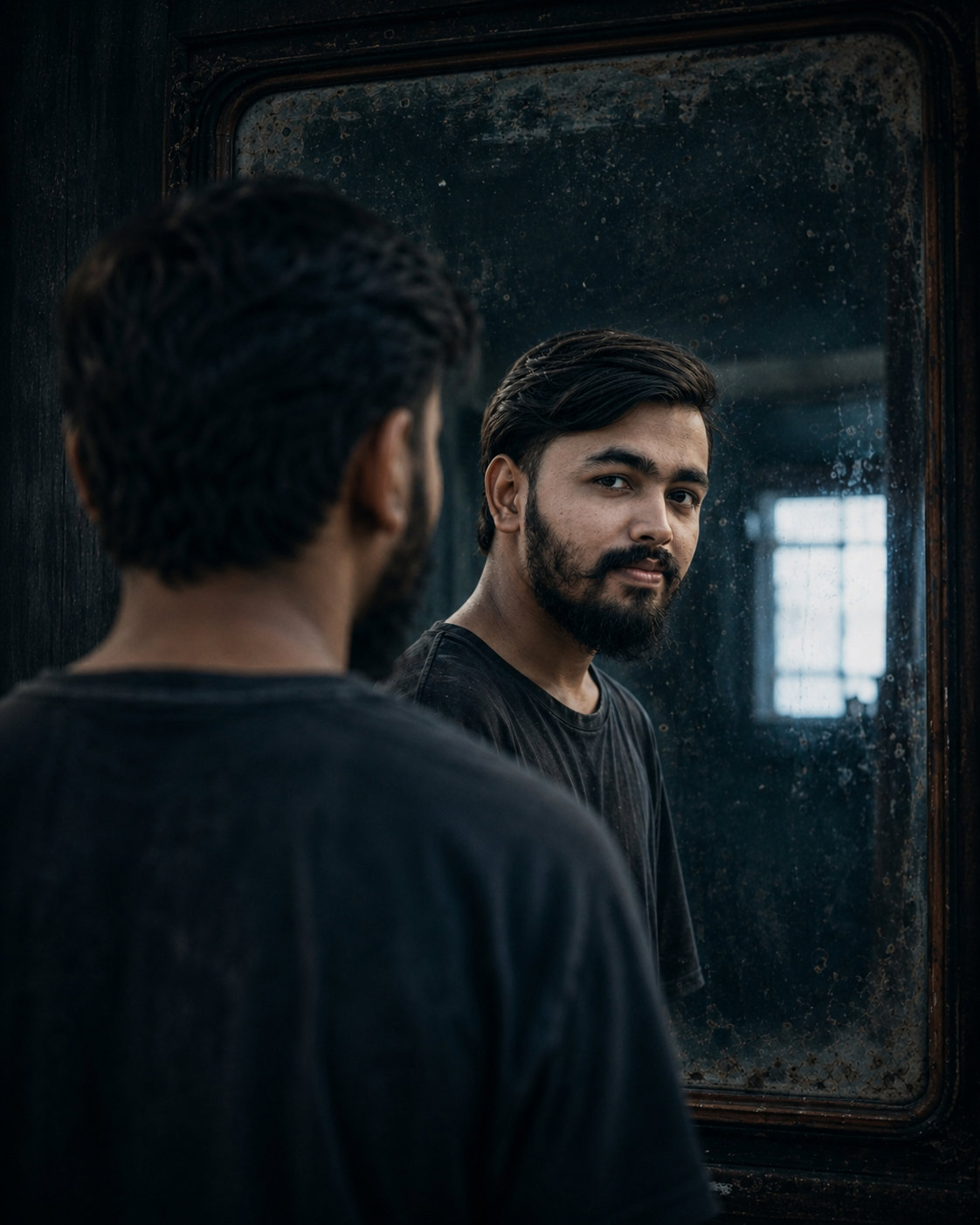 Moody Cinematic Mirror Portrait Prompt